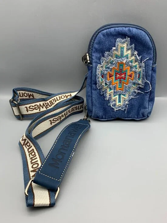 NWOT Montana West Denim Crossbody Purse Aztec Print Boho/Hippie Country Western - Picture 2 of 11